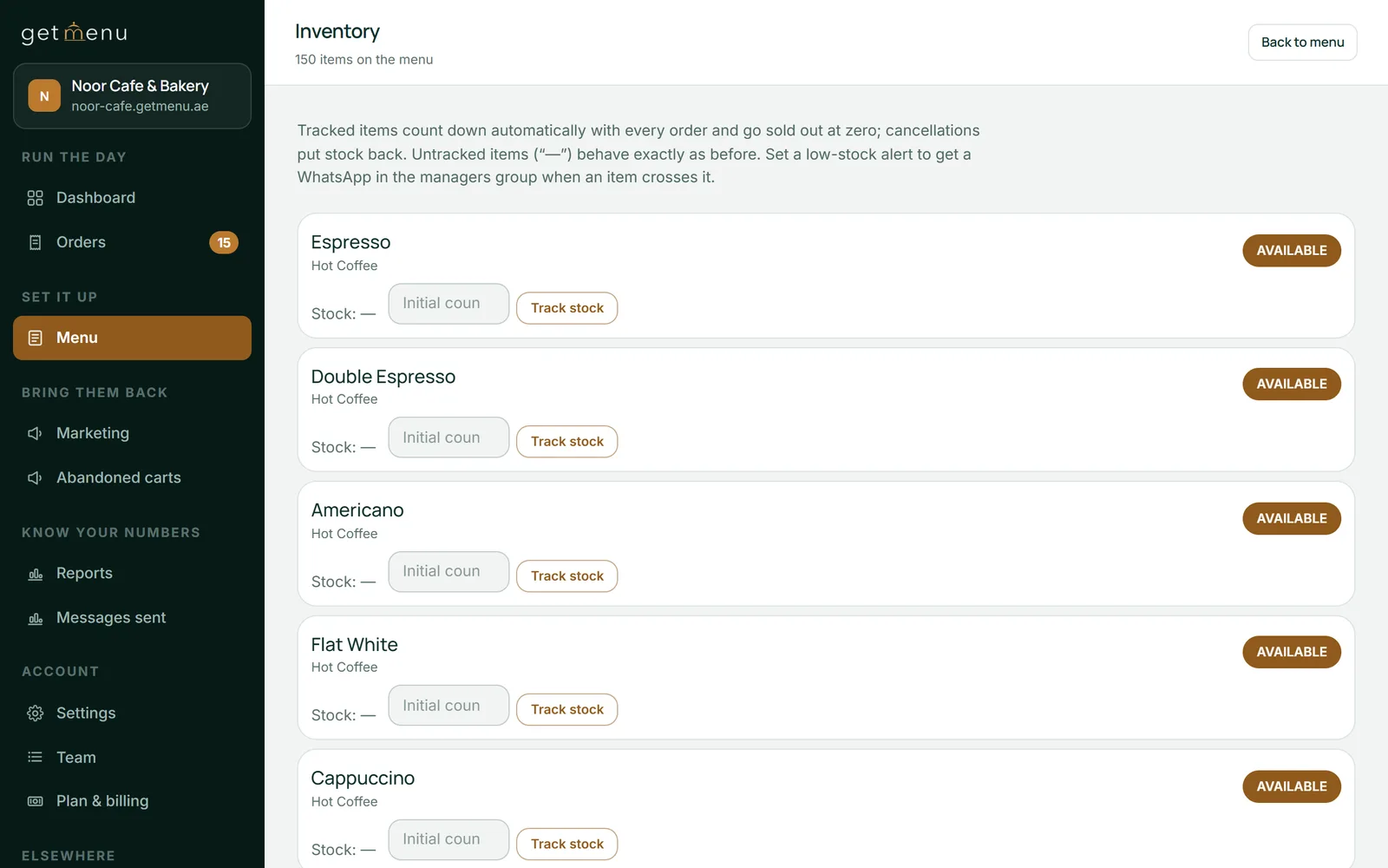The Inventory page of the GetMenu dashboard. The text at the top explains that tracked items count down with every order and go sold out at zero, and each dish in the list has a Track stock button.