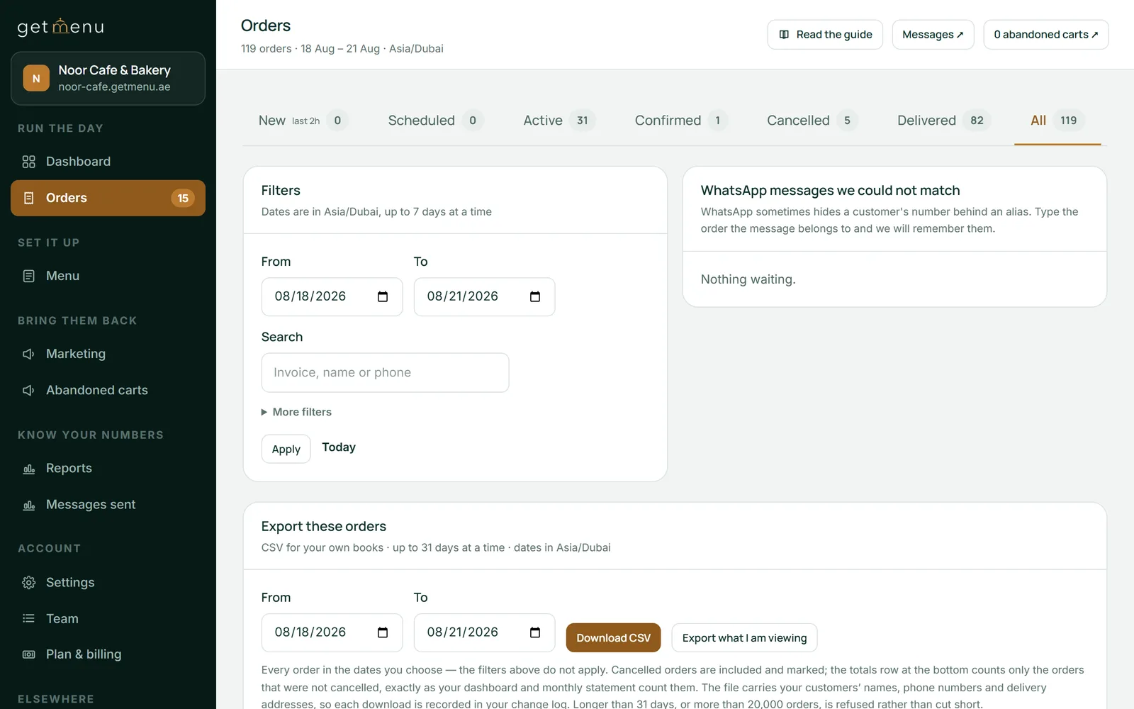 The GetMenu orders board for the demo restaurant Noor Cafe & Bakery, with tabs for new, scheduled, active, confirmed, cancelled and delivered orders and an All tab, each with its count, date filters, a search box and a CSV export