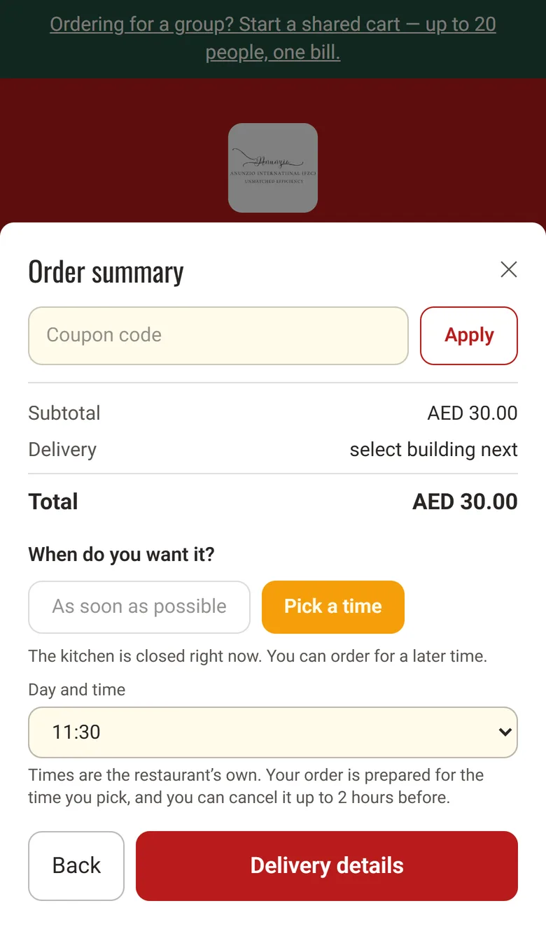 The time picker at checkout: as soon as possible, or a slot from the restaurant's own hours