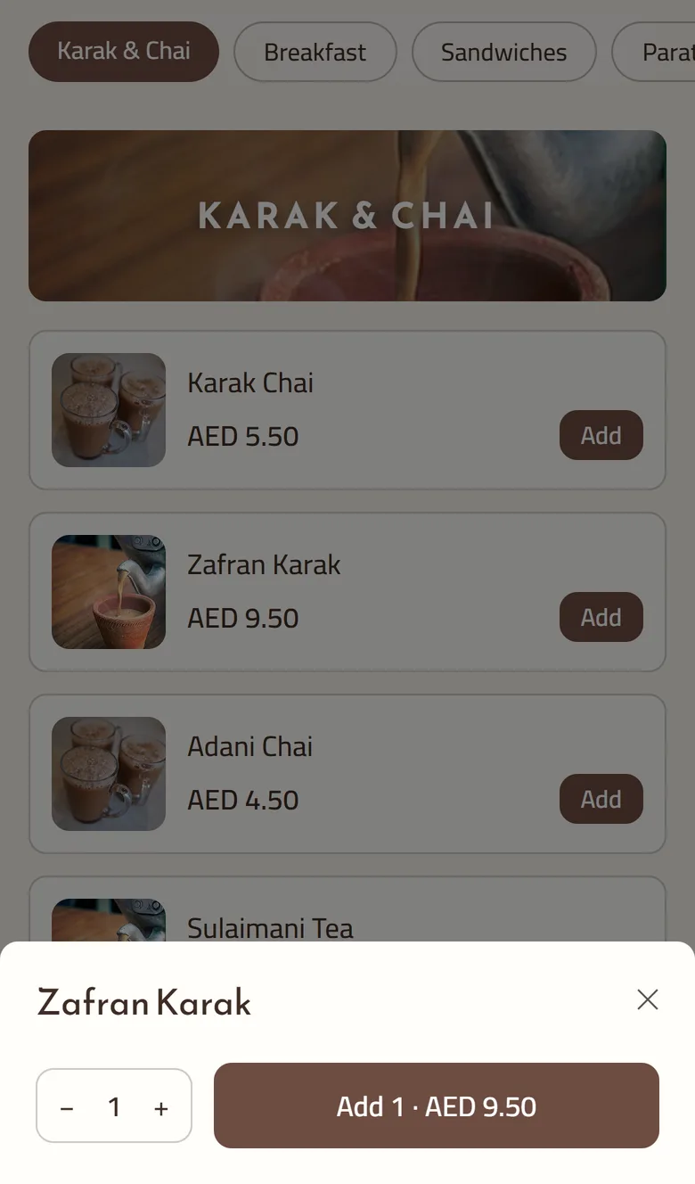 A GetMenu ordering page on a phone with one dish open at the bottom, showing a quantity button and an Add button with the price.