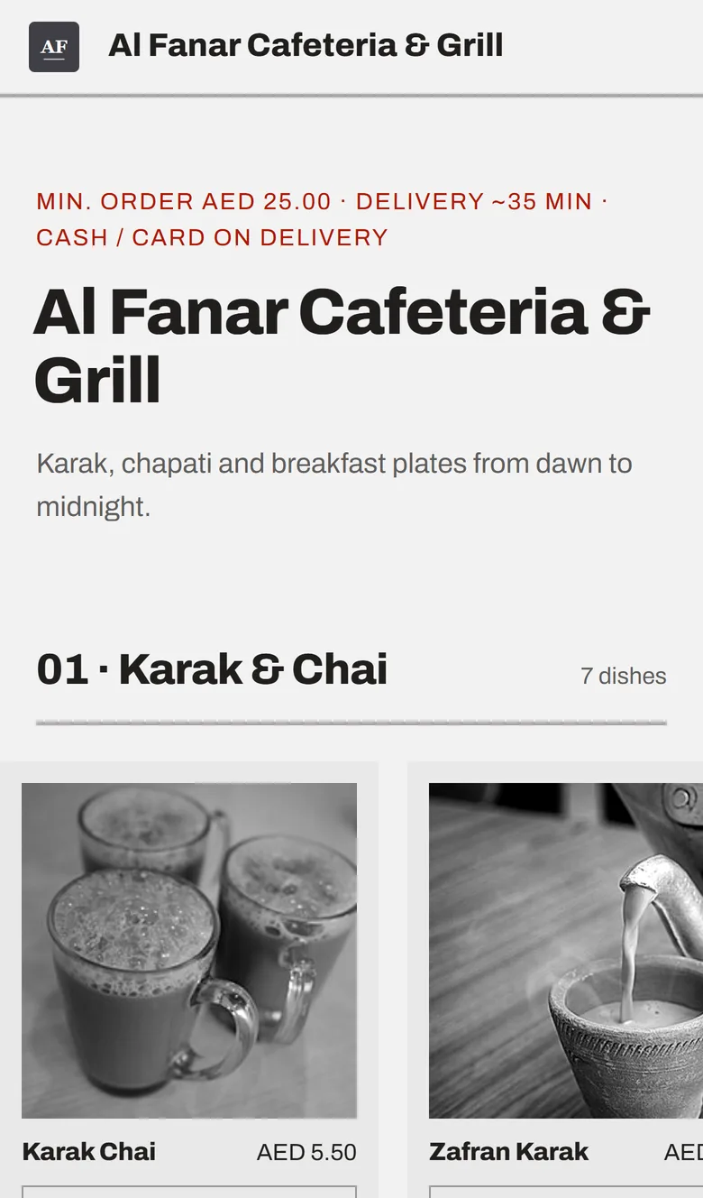 A demo cafeteria's ordering page on a phone in the Carousels layout. At the top is a bar with its logo and name, then a line with the minimum order, the delivery time and cash or card on delivery, the cafeteria's name in large letters and a one-line description. Below, the Karak & Chai section shows two drinks in large black and white photos, with their names.