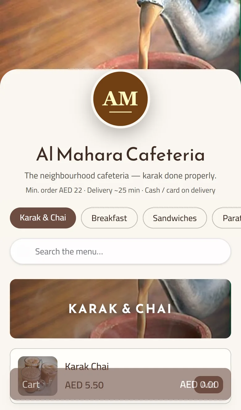A demo cafeteria's ordering page on a phone in the Photo Hero layout: a wide photo of tea being poured, a round logo, the cafeteria's name and a one-line description, the minimum order, delivery time and payment line, category buttons, a Search the menu box, a Karak & Chai banner and the first drink with its photo and price.